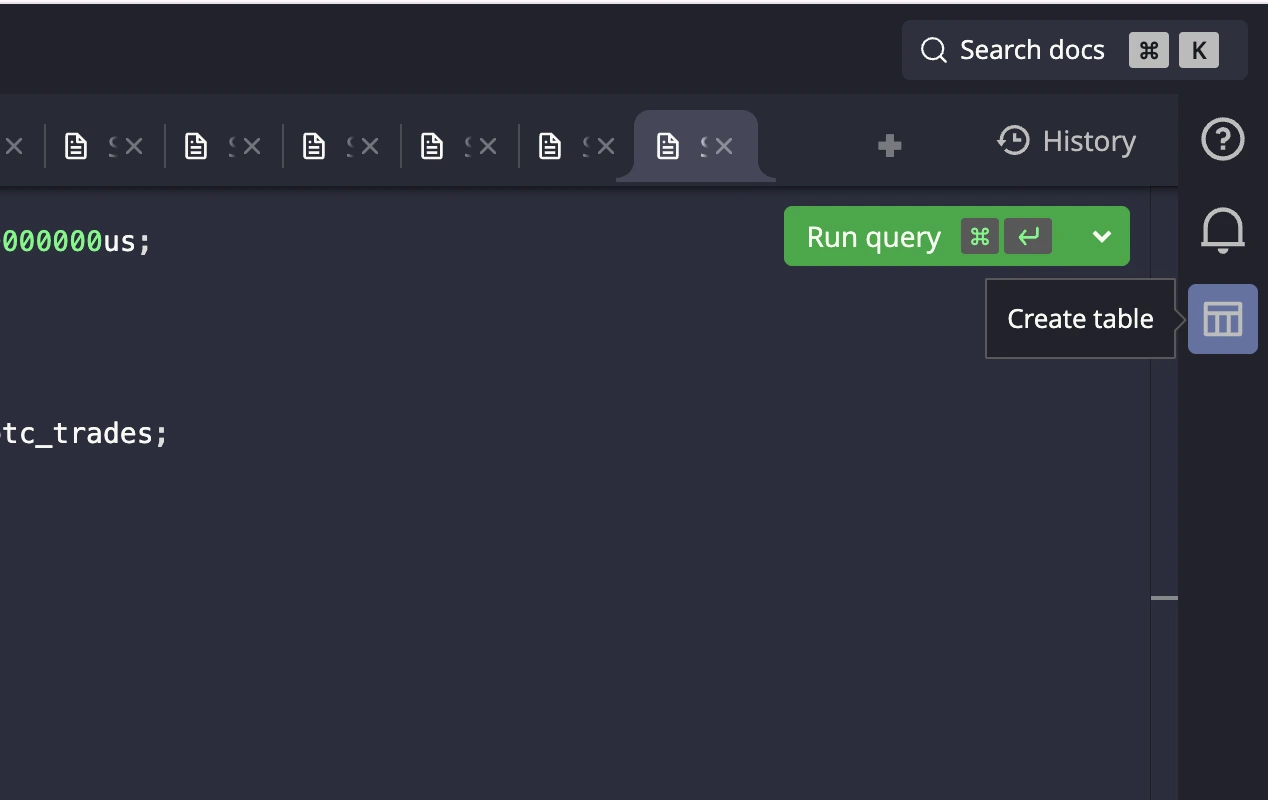 Screenshot of the create table tab